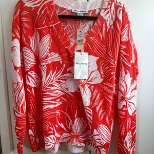 Tommy Bahama Mahana Long Sleeve Tropical Print V Neck in Coral sz M- NEW